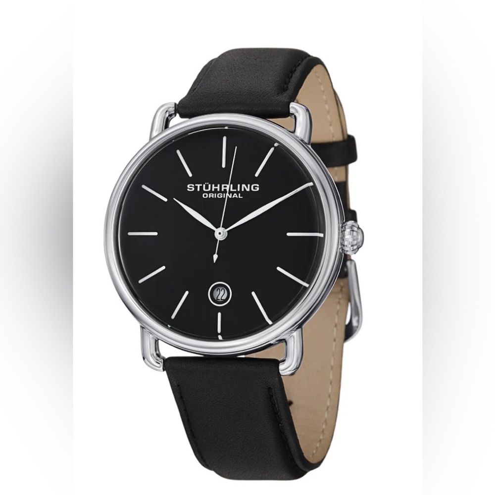 Stuhrling Agent Black Dial Black Leather Strap Men's Watch